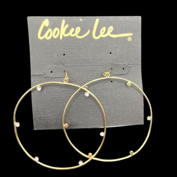 Vintage Cookie Lee Earrings Gold Tone Hoop Embedded Clear Crystals NEW - Picture 2 of 5